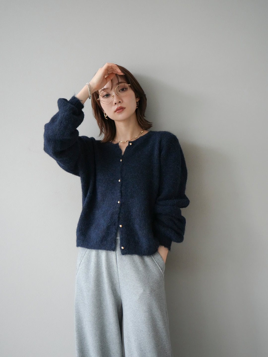 [予約]ゴールドボタンニットカーディガン/navy