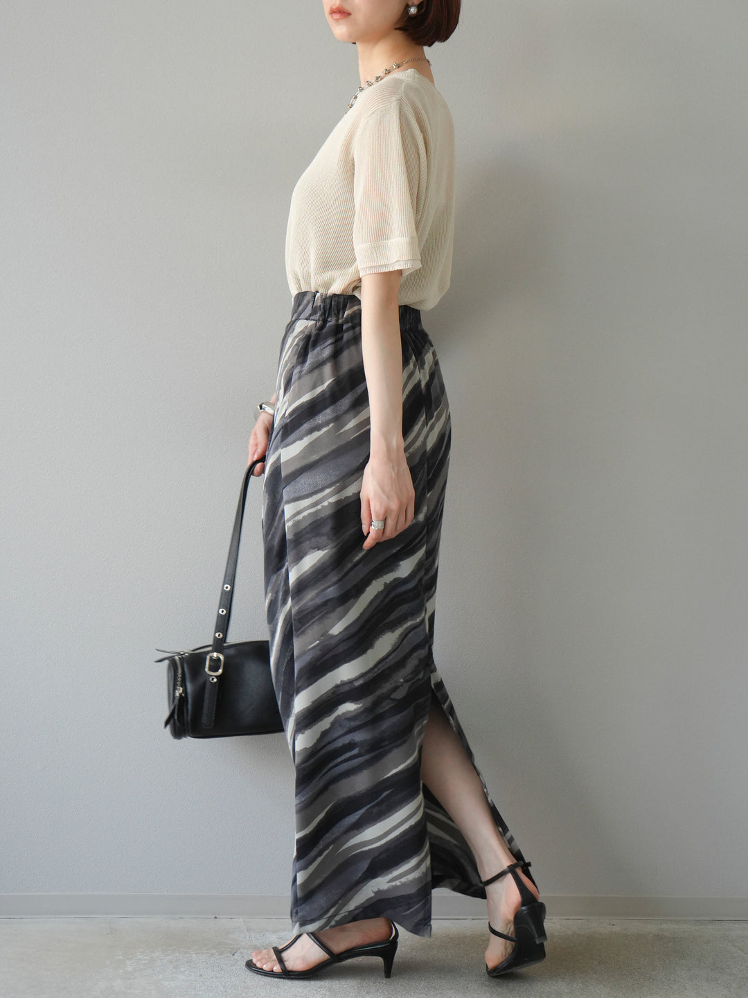 [SET]リネンタッチ配色二重臼ハーフニットトップス+選べるアソート柄スカートセット(2set)