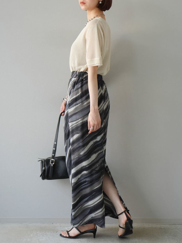 [SET]リネンタッチ配色二重臼ハーフニットトップス+選べるアソート柄スカートセット(2set)