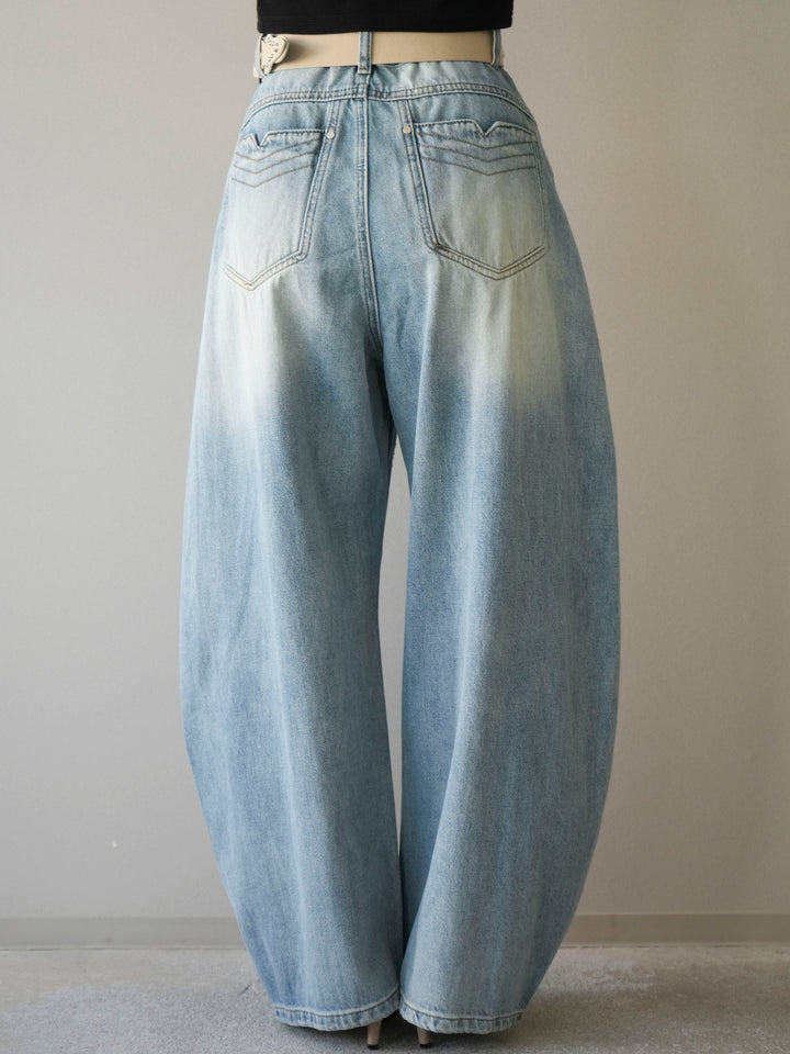 [予約]ベルト付ペイント加工カーブデニムパンツ/lightblue