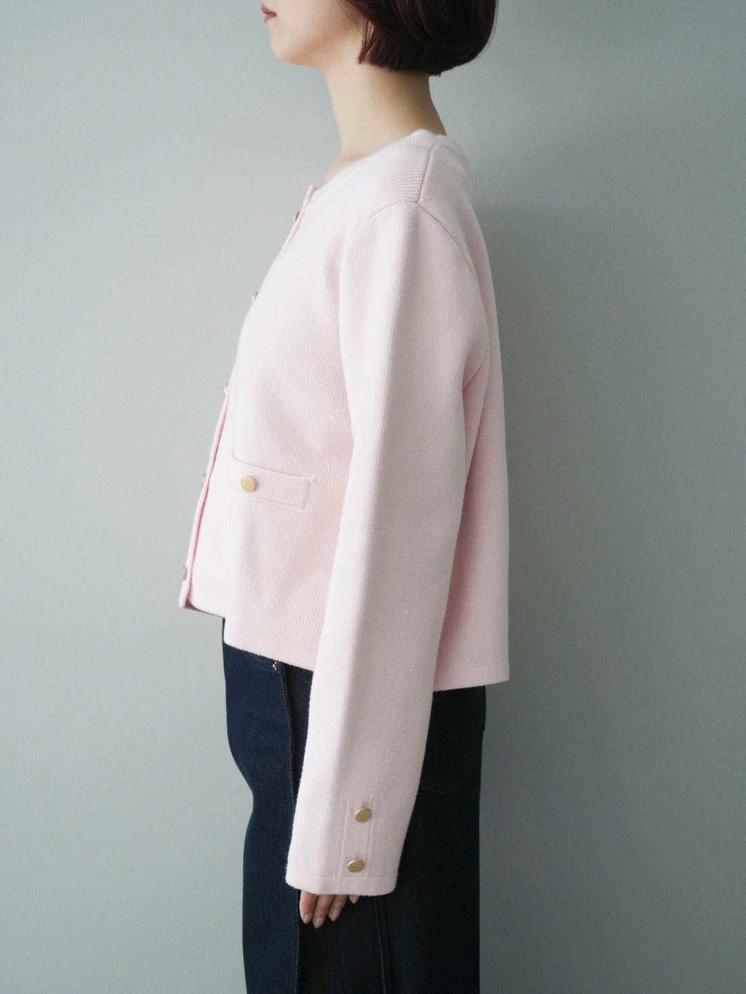 [予約]ゴールドボタンノーカラーニットジャケット/pink