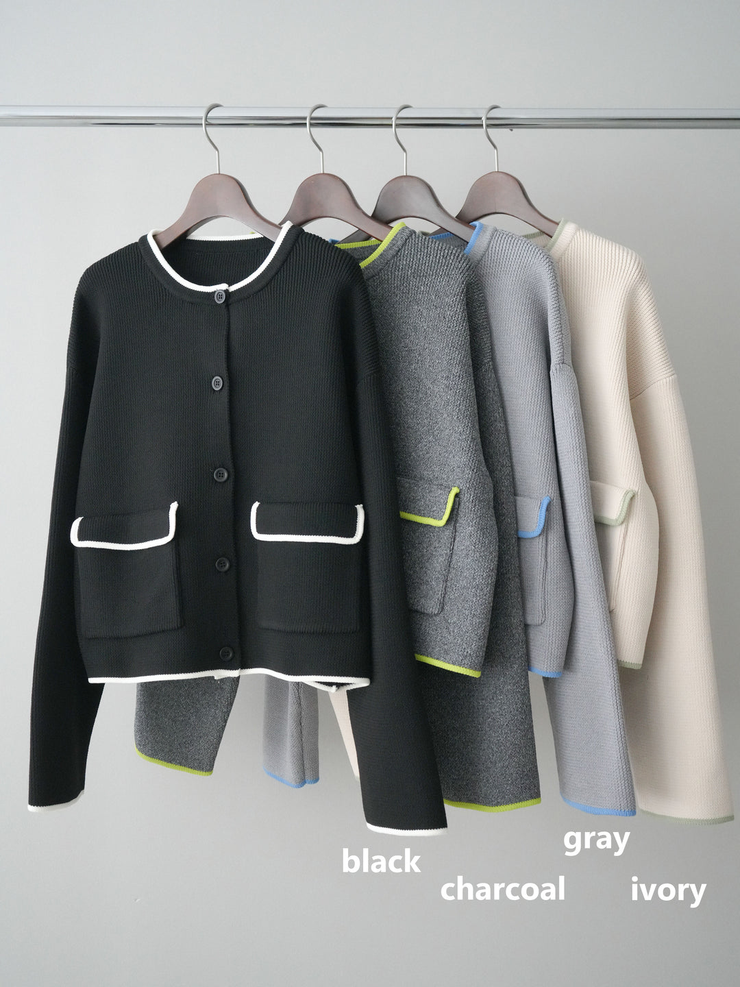 [SET]ポリエステル配色ニットカーディガン+ウエストレースタックワイドパンツ(2set)