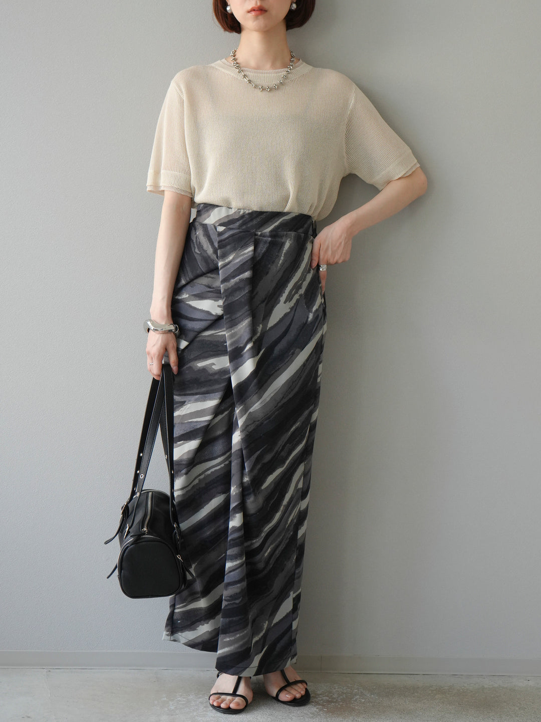 [SET]リネンタッチ配色二重臼ハーフニットトップス+選べるアソート柄スカートセット(2set)