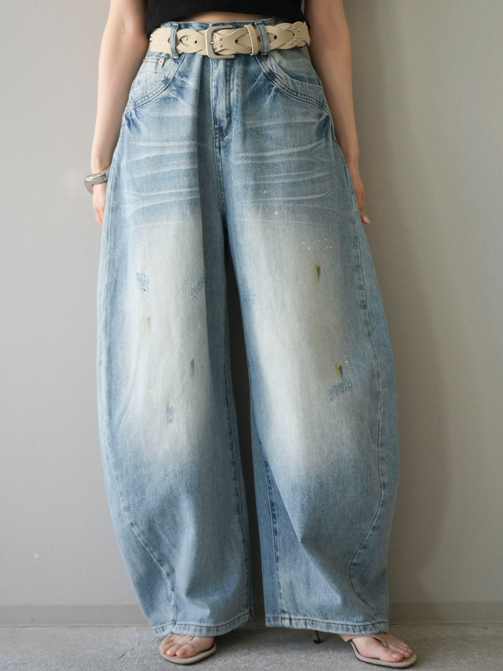[予約]ベルト付ペイント加工カーブデニムパンツ/lightblue