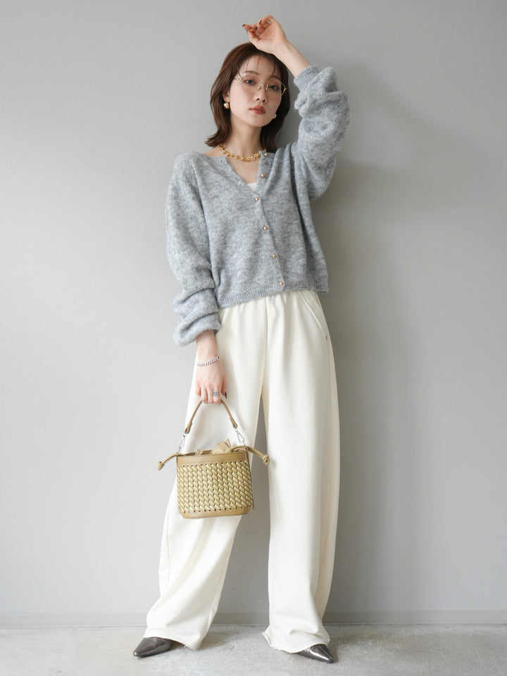 [SET]ゴールドボタンニットカーディガン+アウトシームカットオフスエットパンツ(2set)