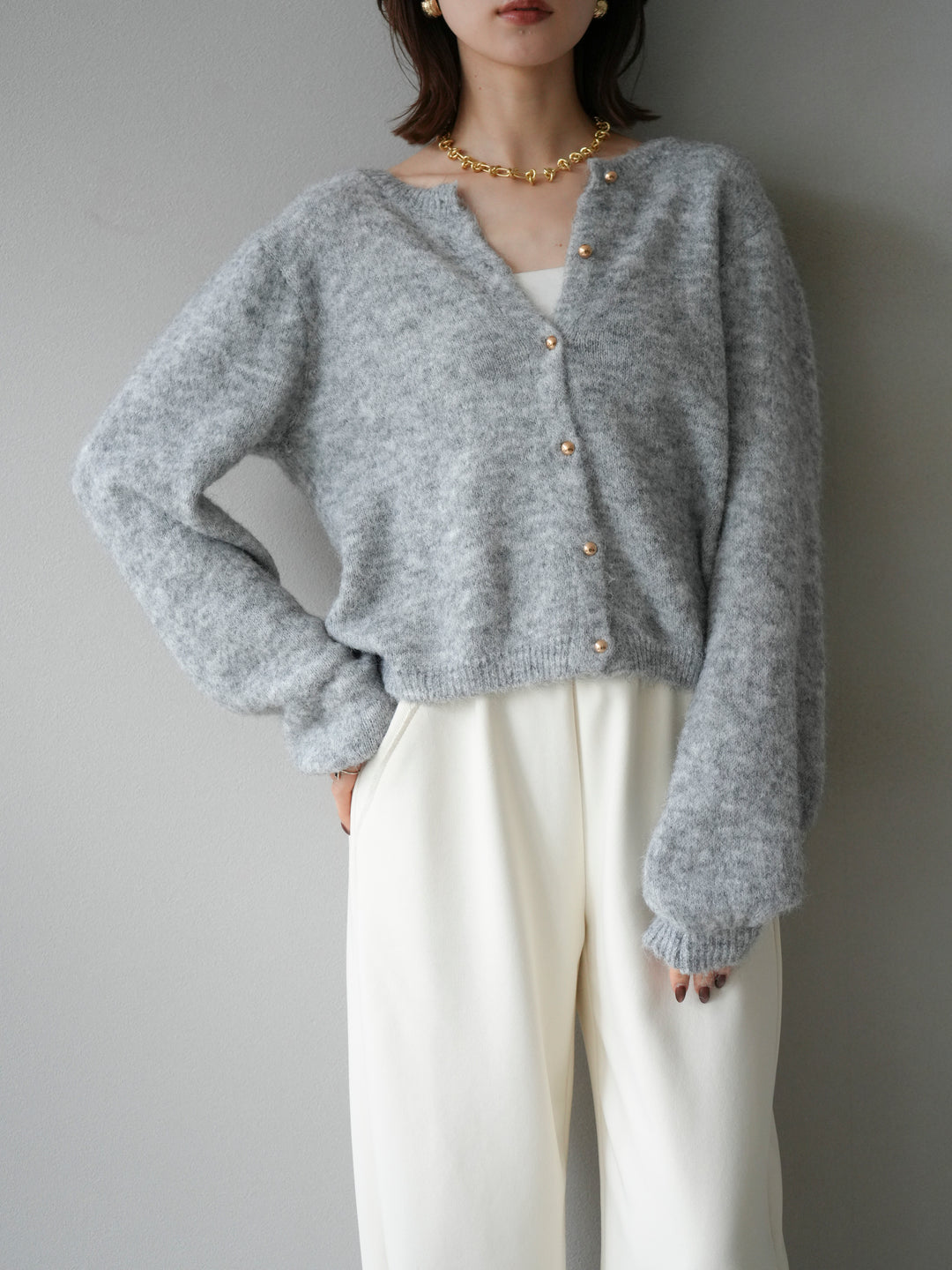 [予約]ゴールドボタンニットカーディガン/ gray