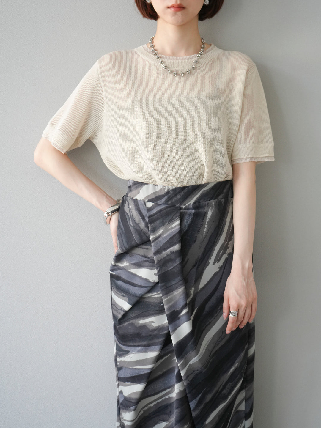 [SET]リネンタッチ配色二重臼ハーフニットトップス+選べるアソート柄スカートセット(2set)