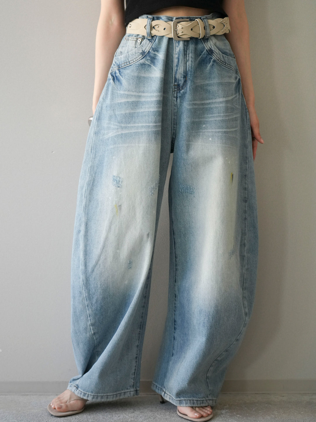 [予約]ベルト付ペイント加工カーブデニムパンツ/lightblue