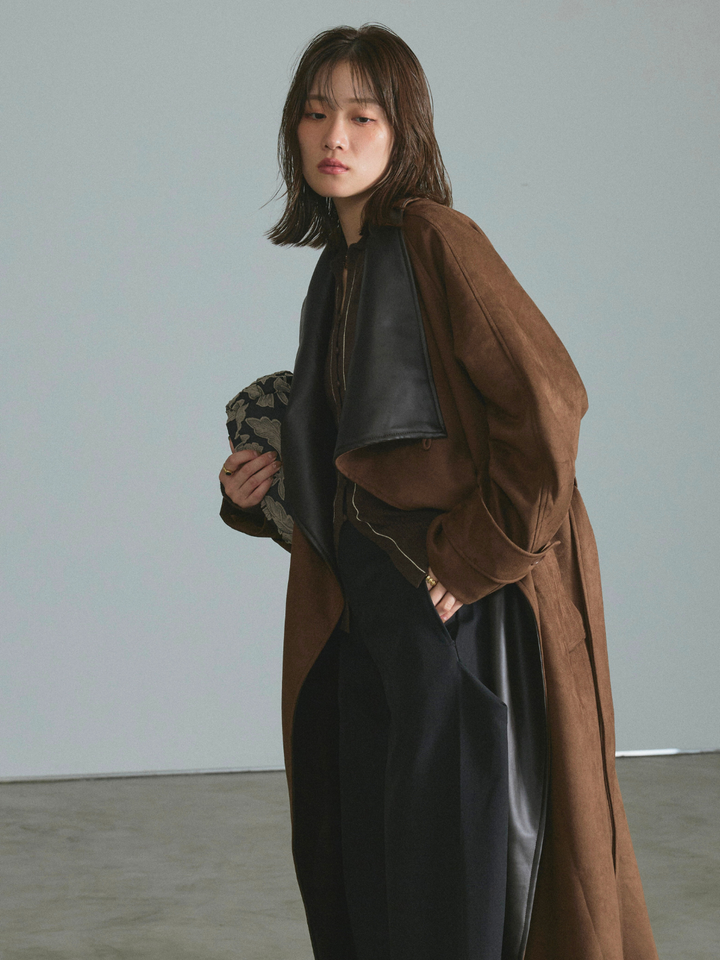 【Allure】[SET]レザーカラースウェードロングコート+リブ配色ラインポロニットカーディガン(2set)