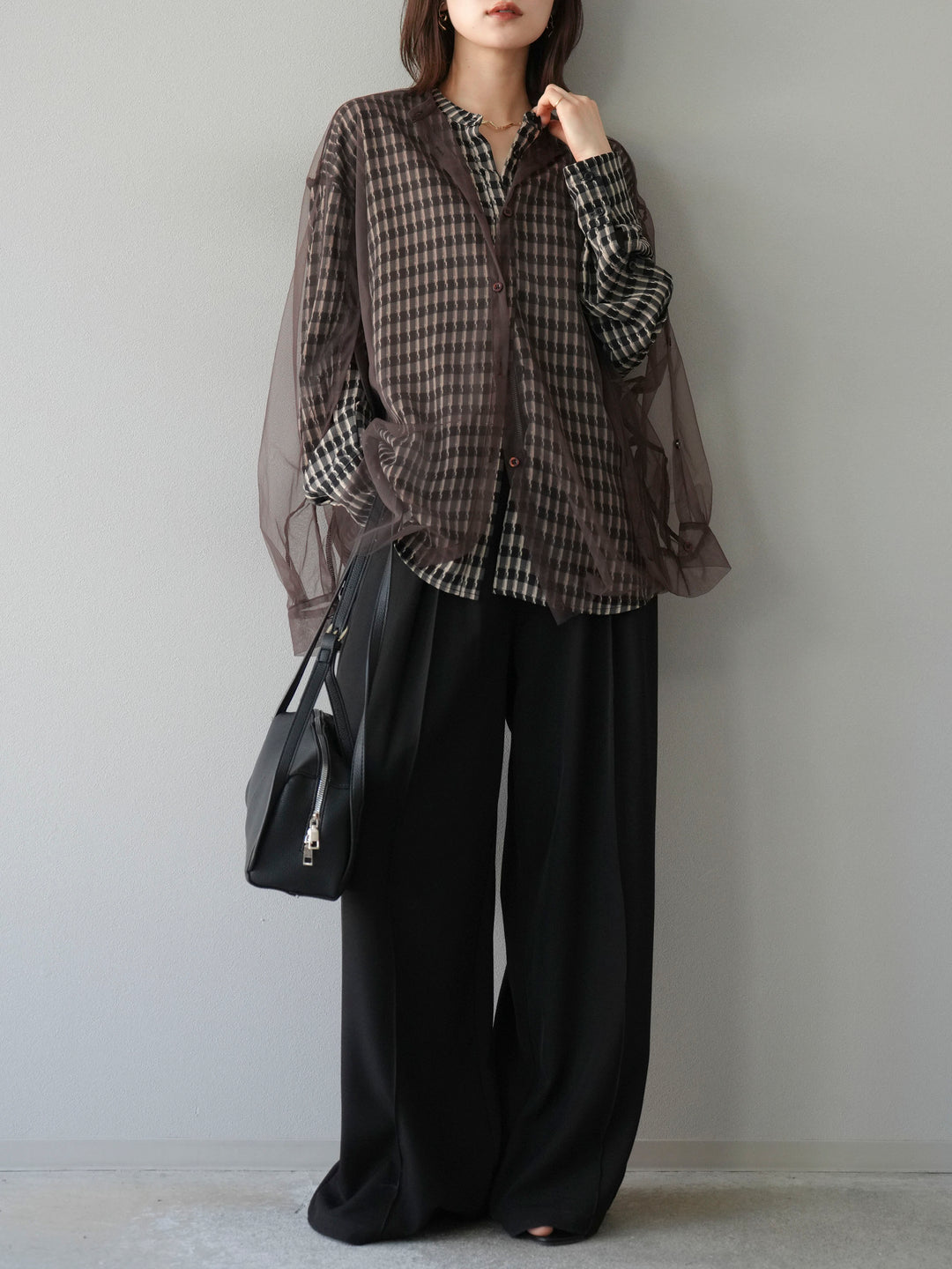 [予約]チェック柄2WAYスリーブバンドカラーシャツ/ベージュブラック