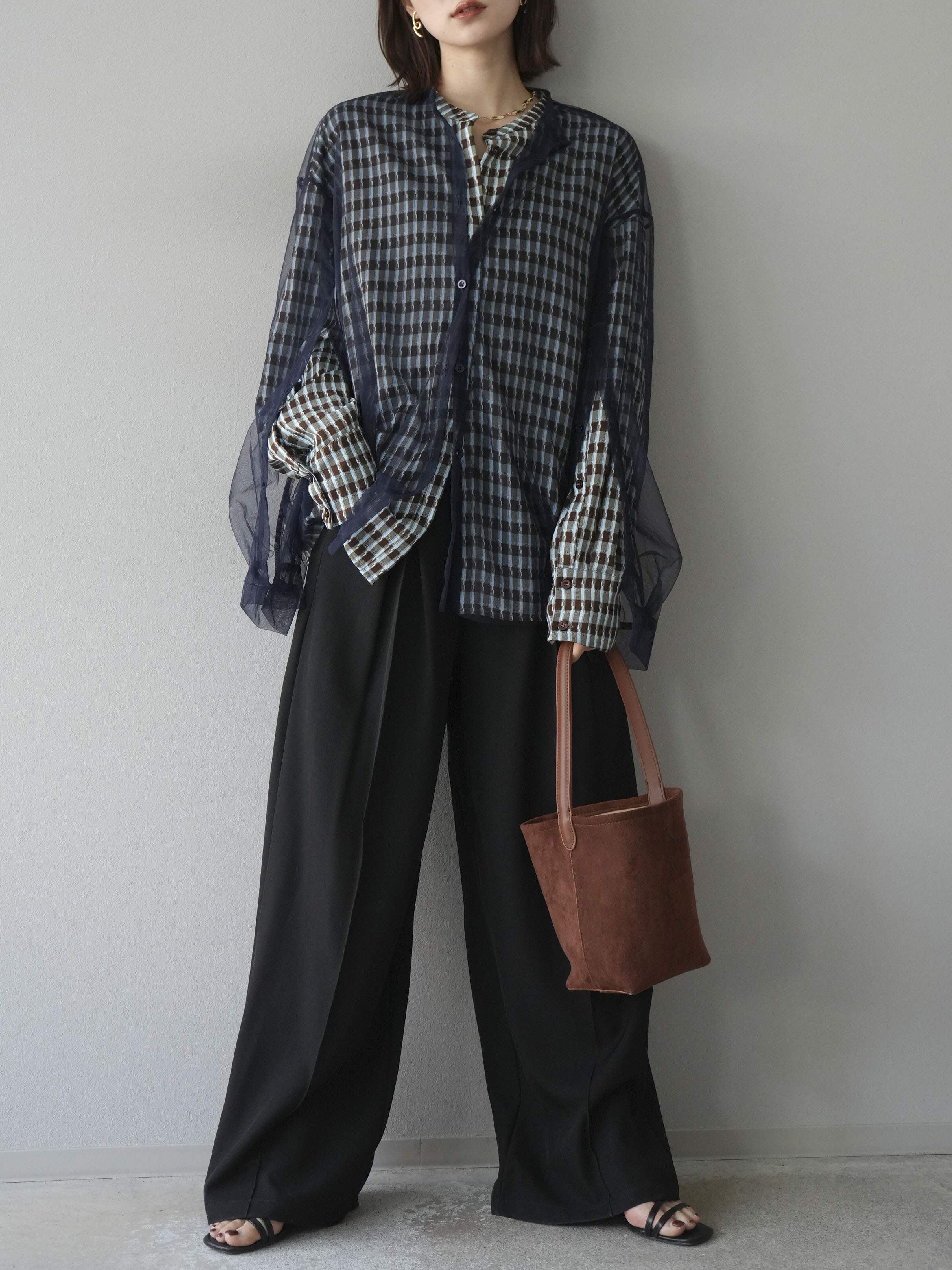 予約]チェック柄2WAYスリーブバンドカラーシャツ/ブルーブラウン – Lumier