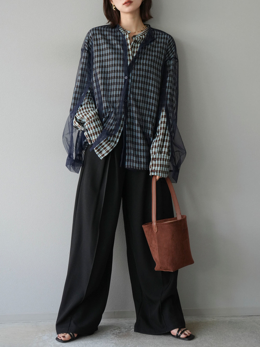 [予約]チェック柄2WAYスリーブバンドカラーシャツ/ブルーブラウン