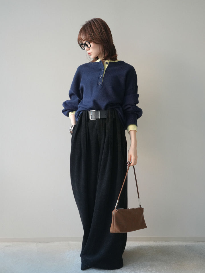 [SET]ヘンリーネック配色レイヤードニットプルオーバー+ベルトデザインループコールテンワイドパンツ(ベルト付き)(2set)