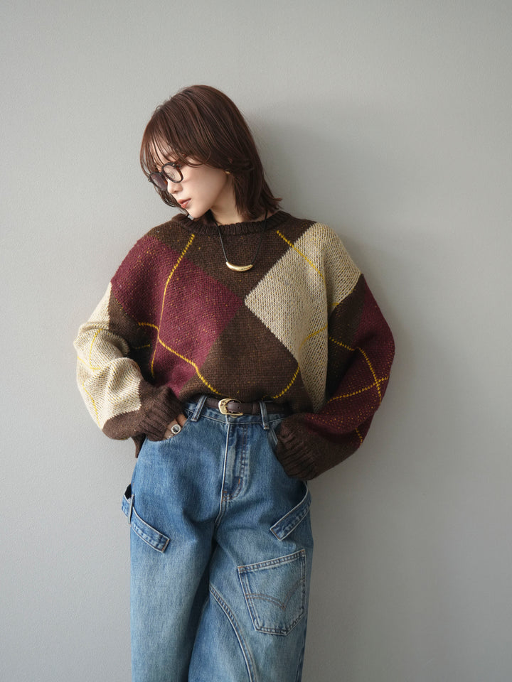 [予約]配色ステッチアーガイル柄ニットプルオーバー/brown