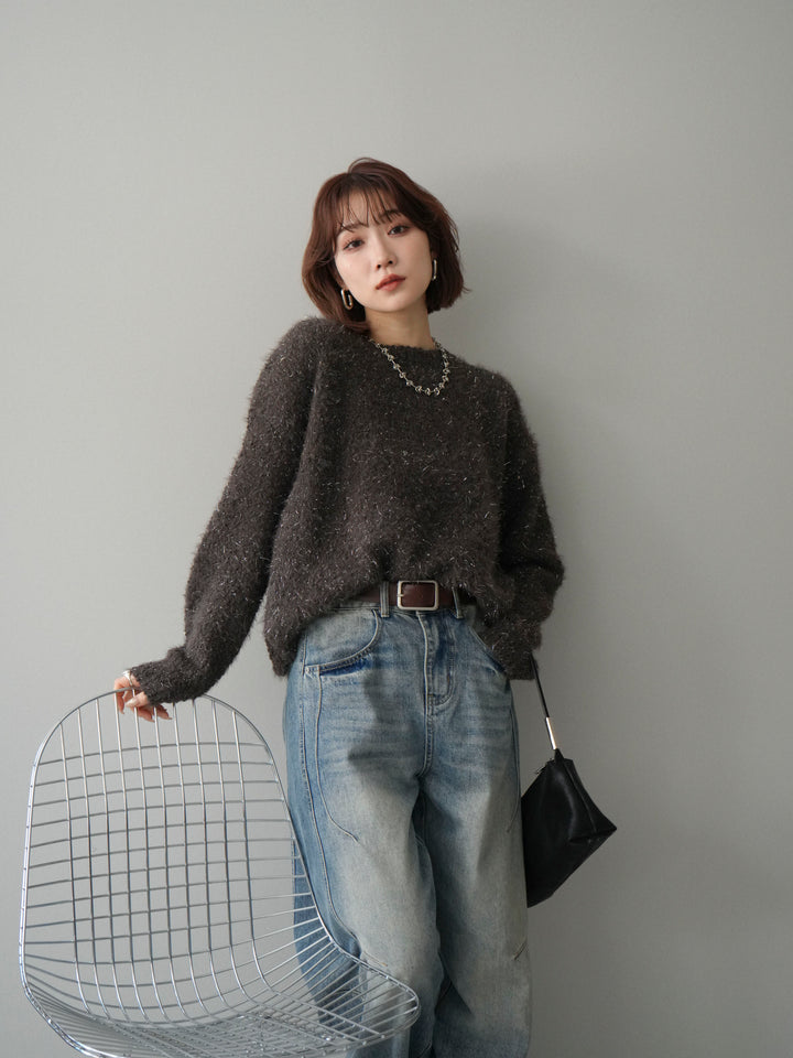 [SET]モールラメミックスヤーンニットプルオーバー+ベルト付カーブデニムパンツ(2set)