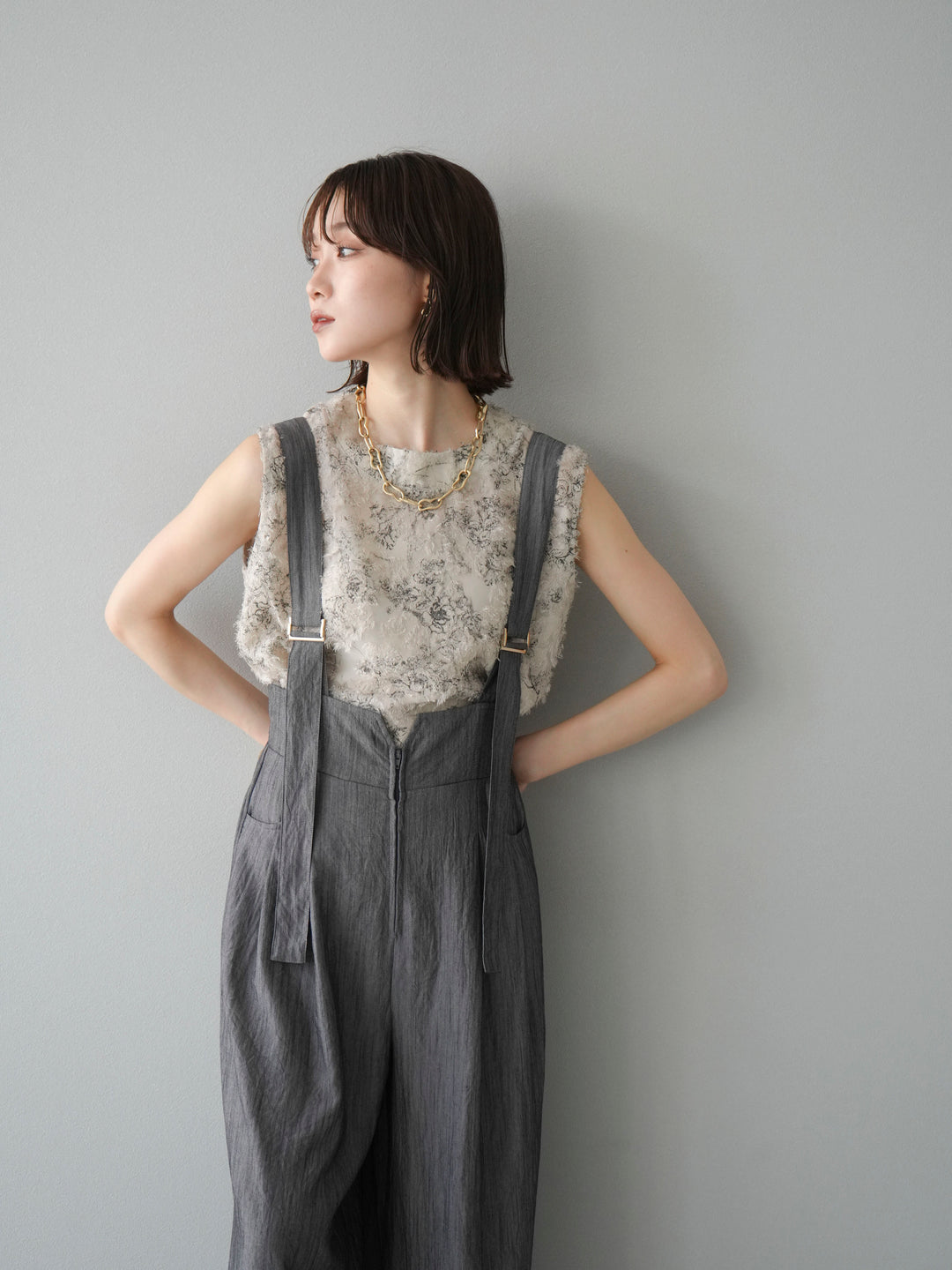 [予約]ストリングデザインハイウエストサロペット/チャコール