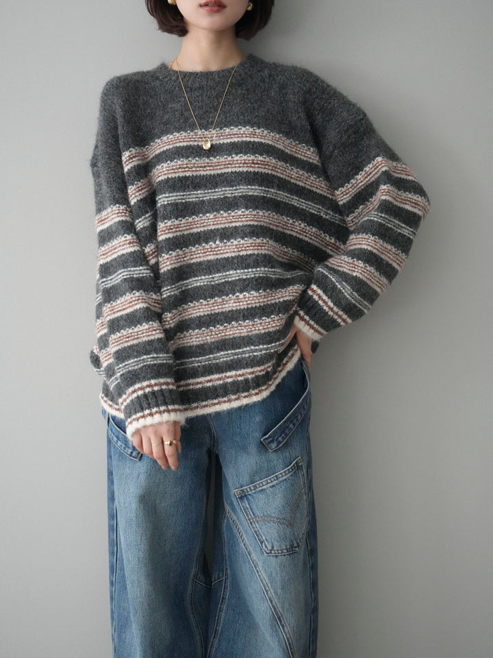 [予約]ステッチボーダーニットプルオーバー/gray