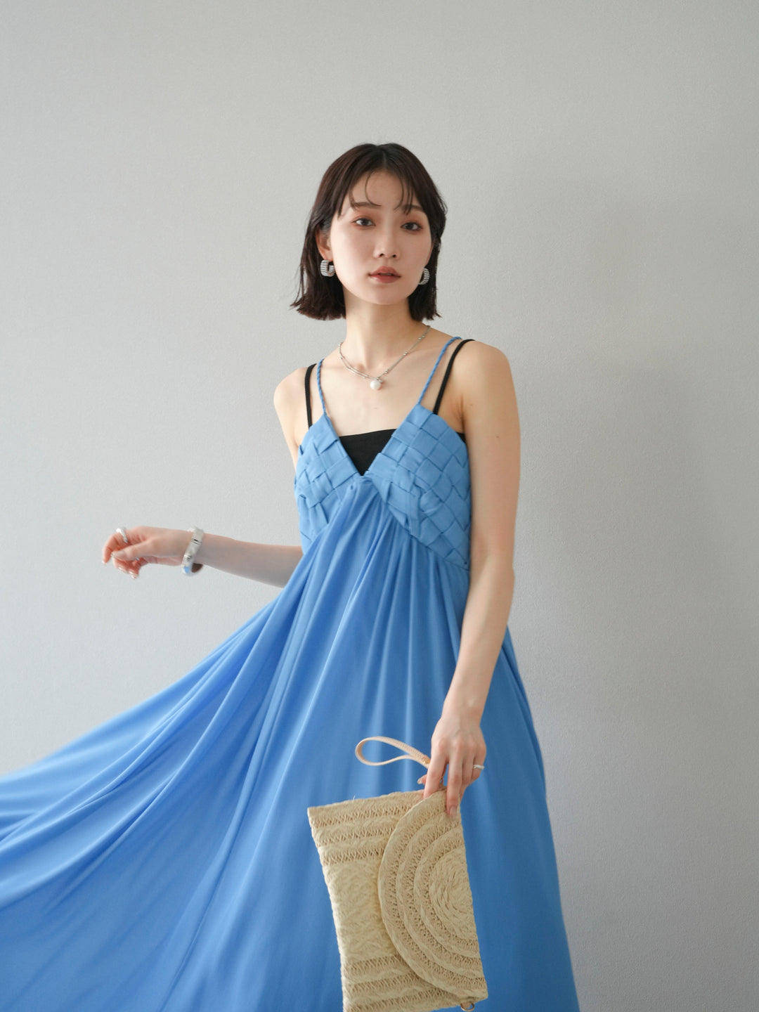 [SET]編み込みデザインシフォンワンピース+カップ付テレコリブベアキャミソール(2set)