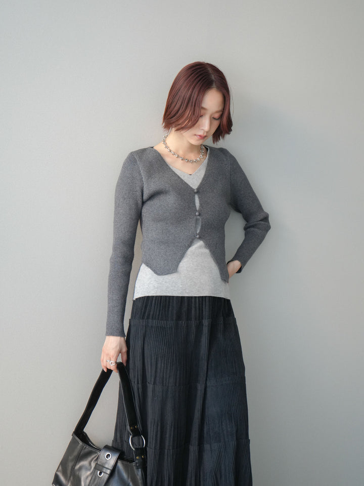 [SET]Vネック配色レイヤードスリットニットトップス+型押しスエードティアードプリーツスカート(2set)