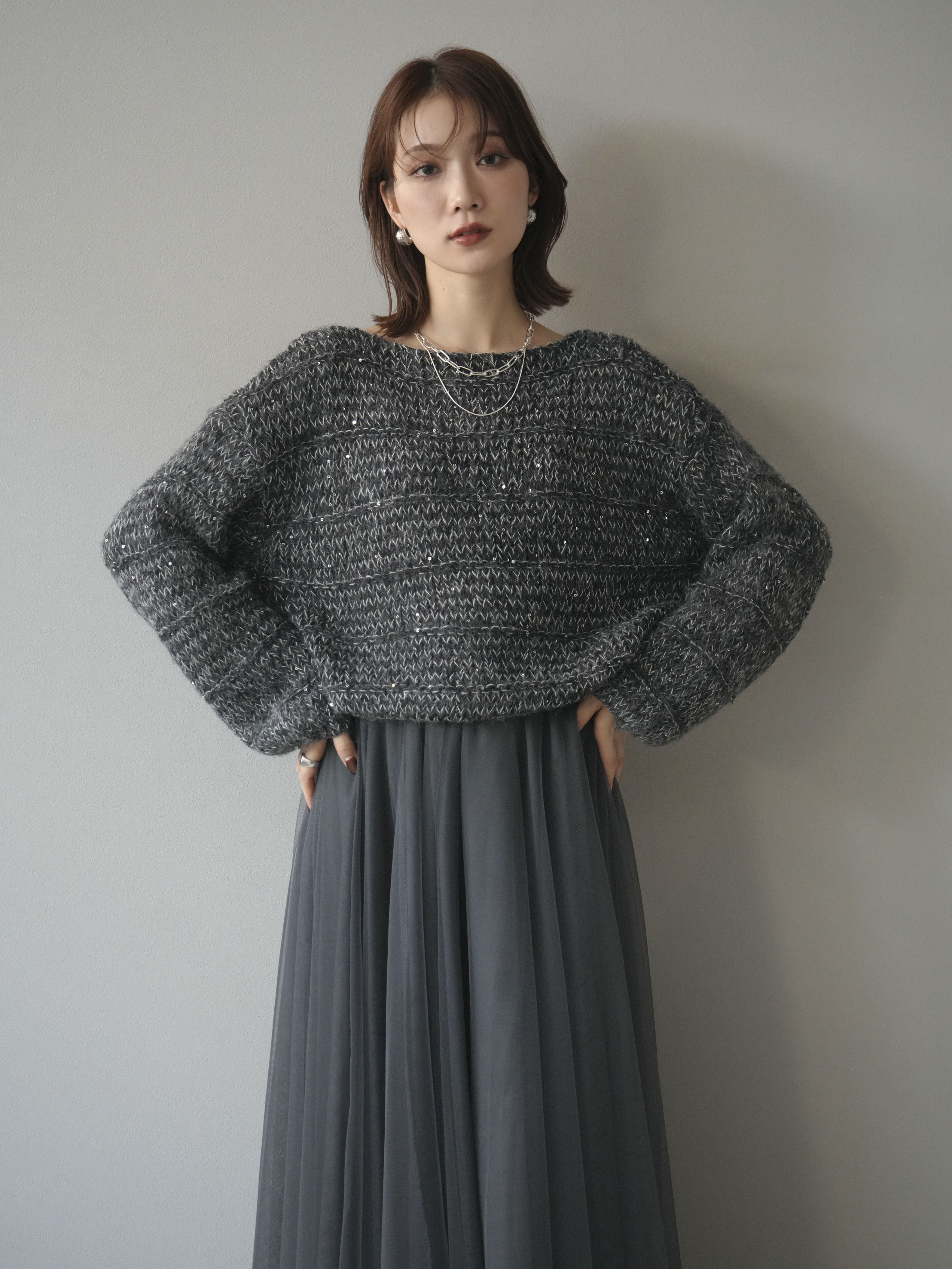 予約]ミックスヤーンスパンコールニットプルオーバー/charcoal