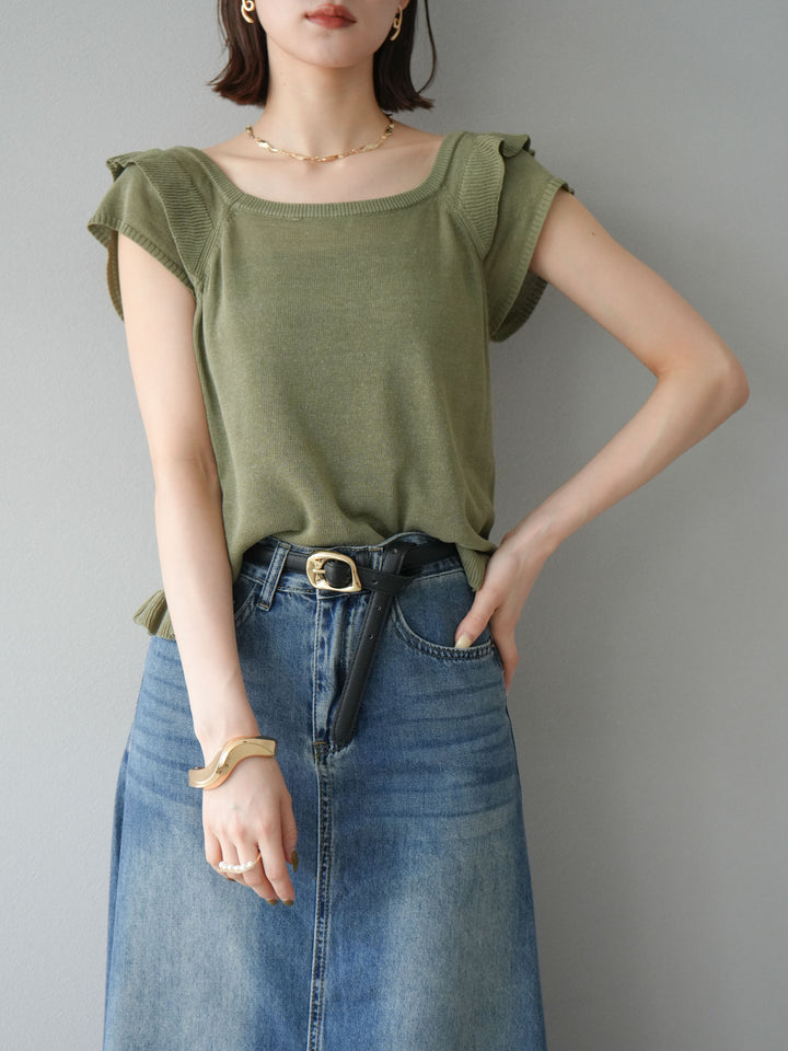 [予約]リネンタッチフリルニットタンクトップ/カーキ