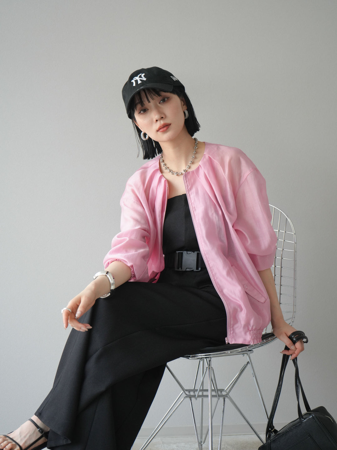 [SET]タックデザインシアーブルゾン+ヘザーツイルベルト付ベアサロペット(2set)