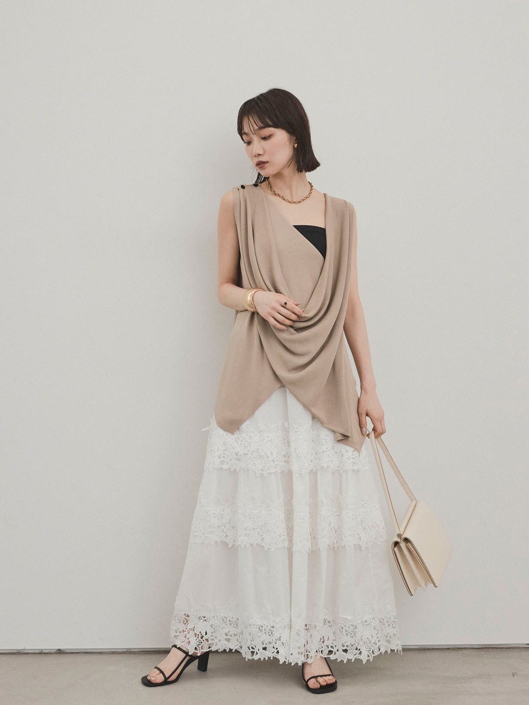 [SET]ドライタッチドレープニットプルオーバー+スカラップレースロングスカート(2set)