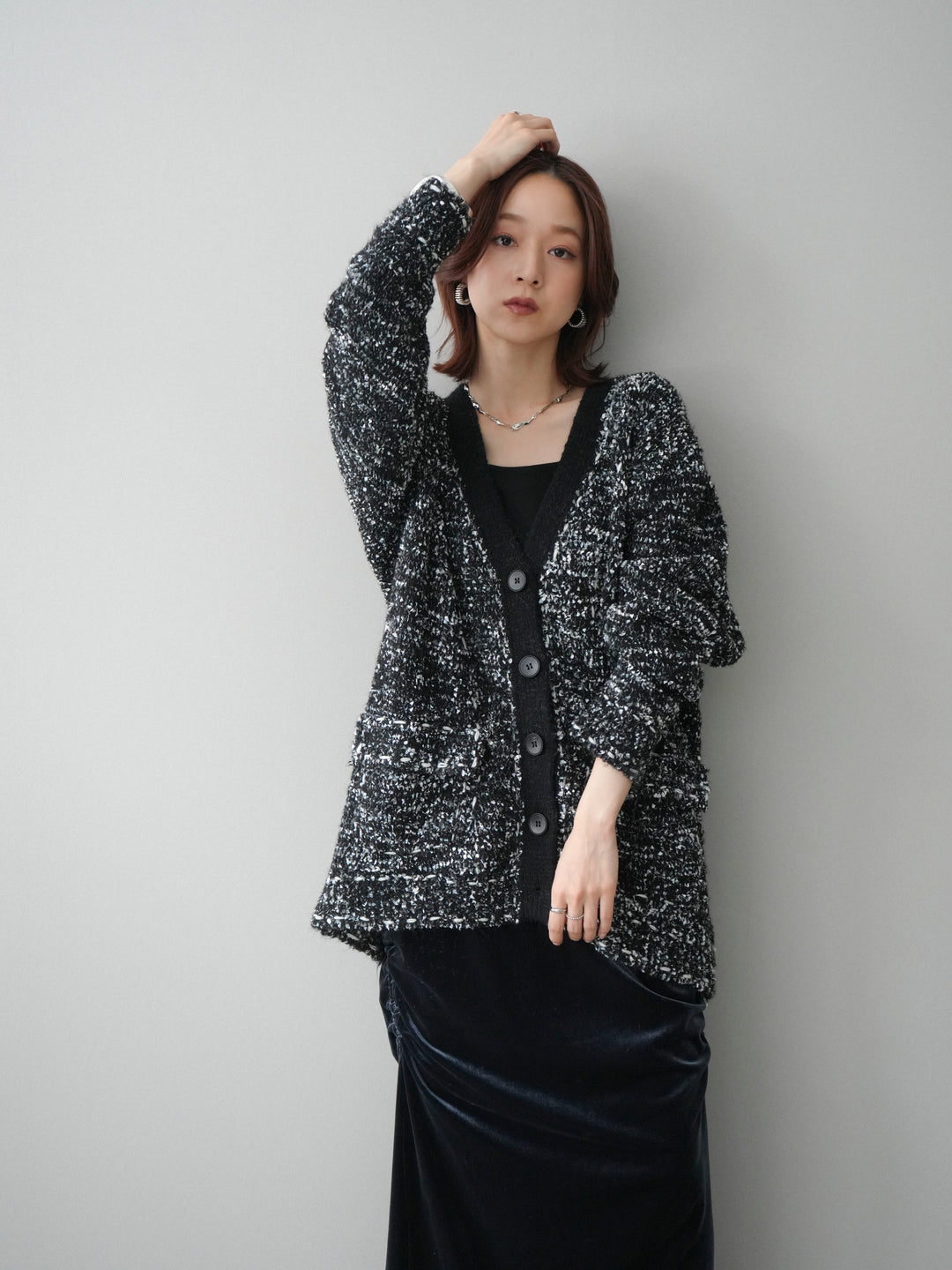 [SET]モールネップニットカーディガン+ギャザーベロアスカート(2set)