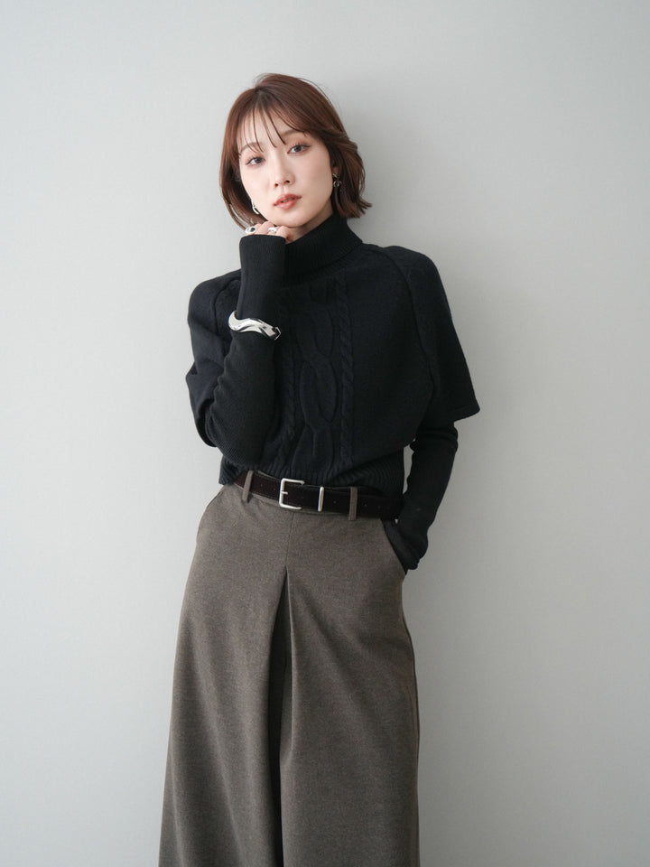 [予約]ケーブル編みタートルハーフスリーブニットアンサンブル/black