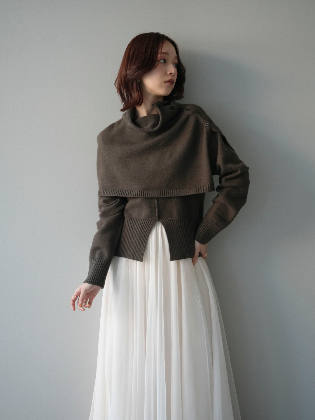 [予約]フロントスリットネックアンサンブルニット/khaki