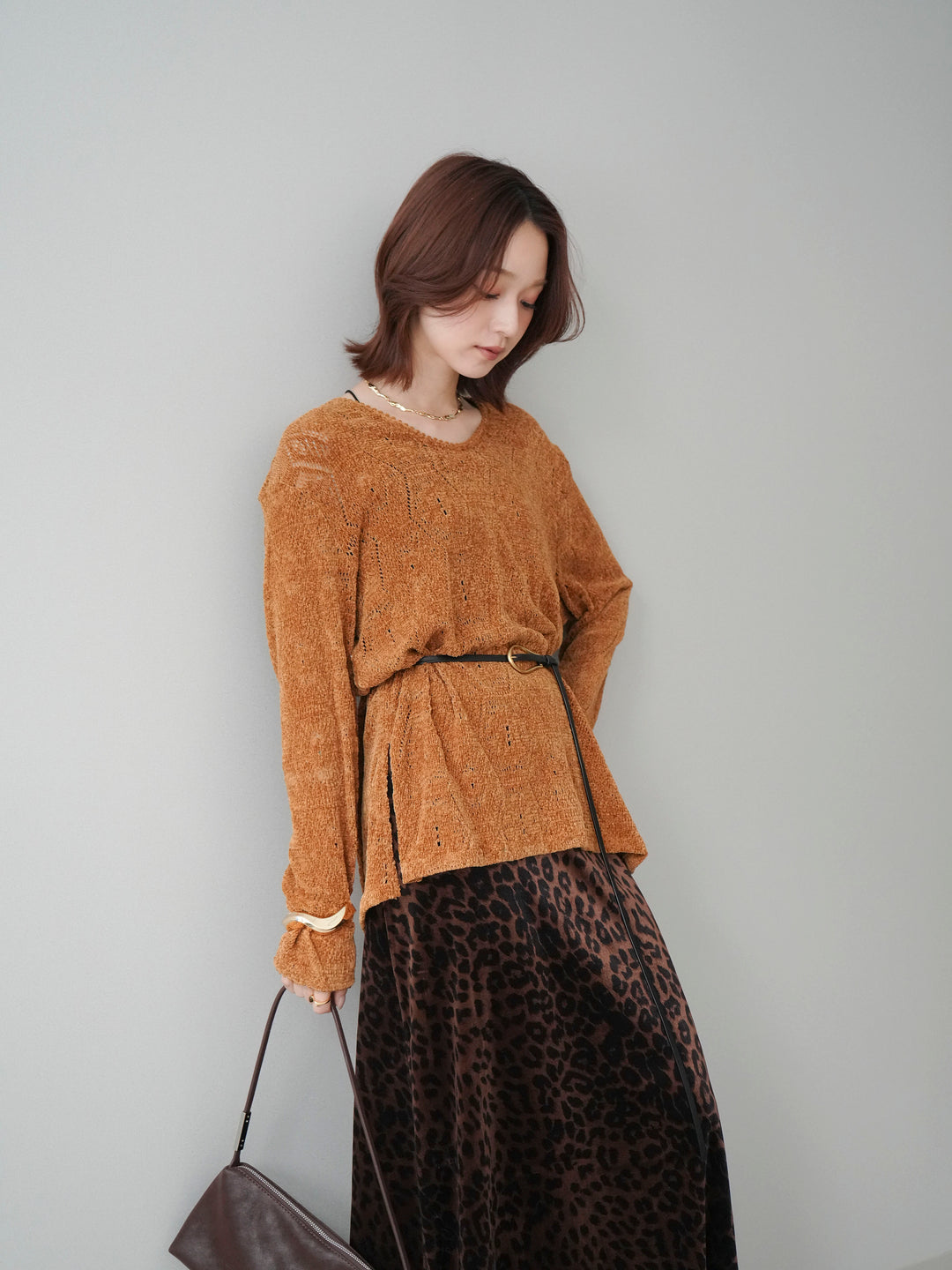 [SET]モール透かし編みニットトップス+レオパードベロアナロースカート(2set)