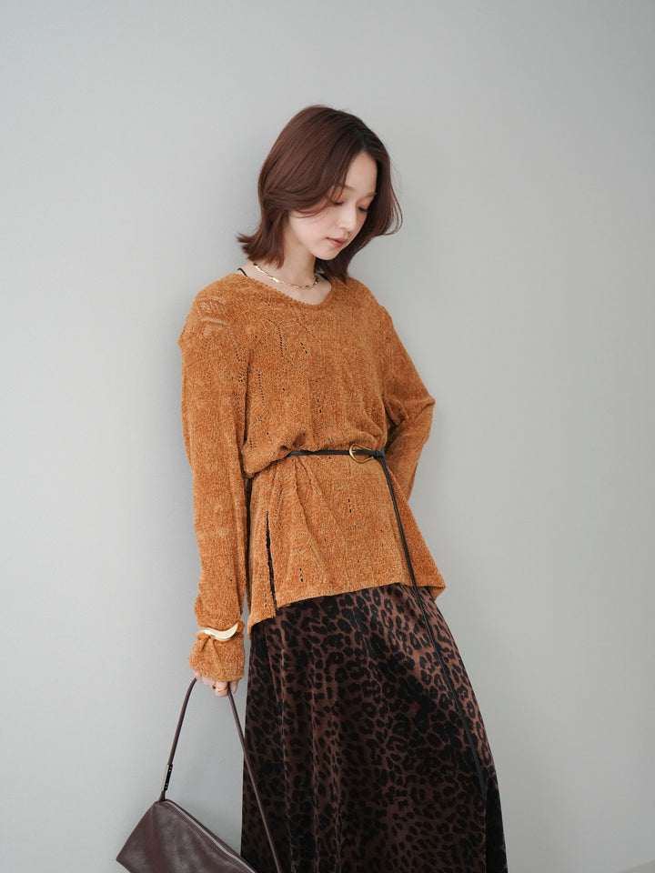 [SET]モール透かし編みニットトップス+レオパードベロアナロースカート(2set)