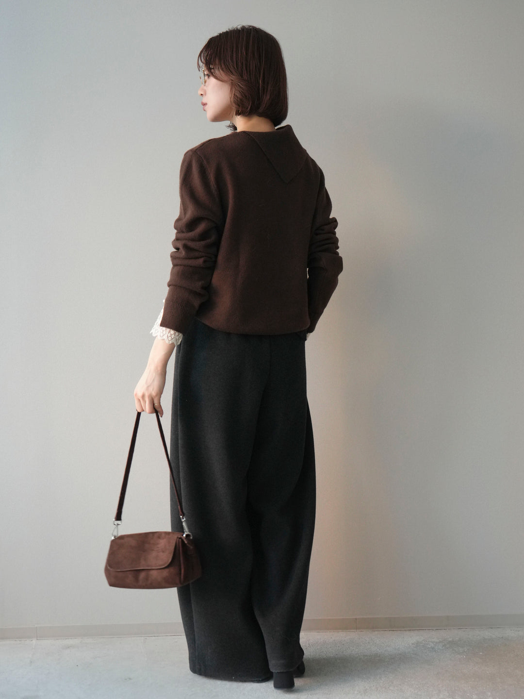 [SET]袖レースパール付き配色ニットトップス+ウールタッチカーブパンツ(2set)