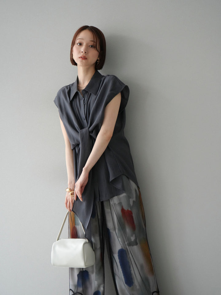 [SET] 前繫帶透視上衣 + 水彩藝術休閒褲 (2 件組)