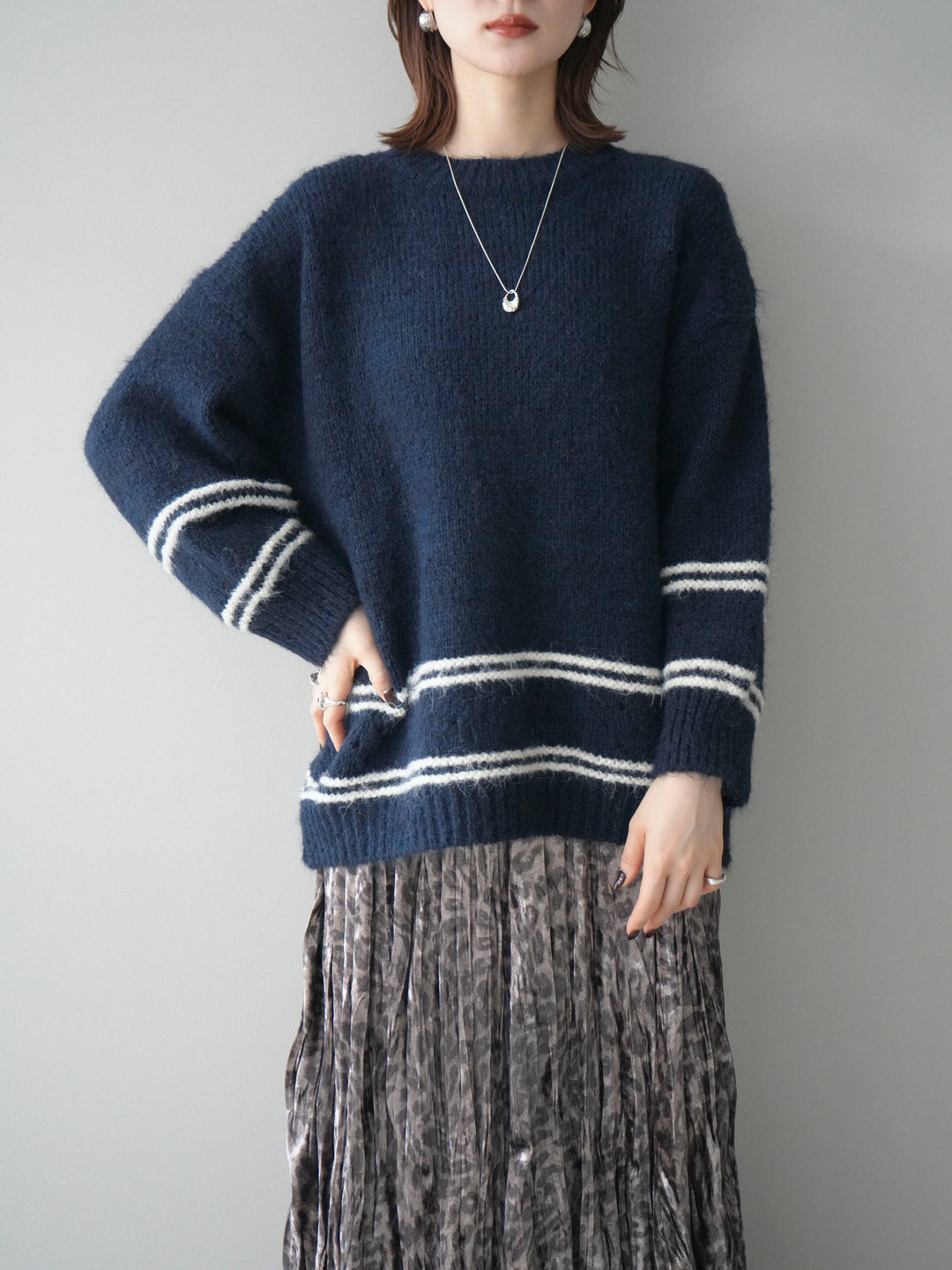 [予約]クルーネックラインボーダーニットプルオーバー/navy