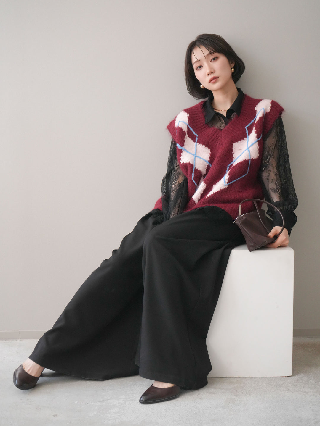 [SET]アーガイルVネックニットベスト+選べるアクセセット(2set)