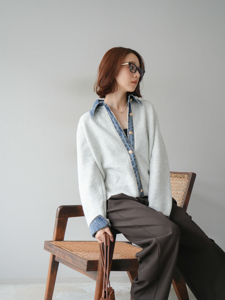 [SET]デニム襟ボタンニットカーディガン+エステルタックワイドパンツ(2set)