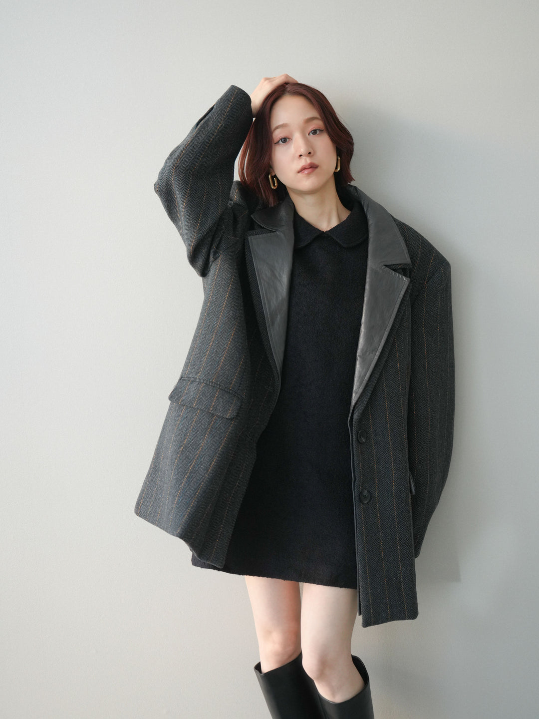 [SET]襟付きブークレミニワンピース+レイヤードデザインツイードテーラードジャケット(2set)