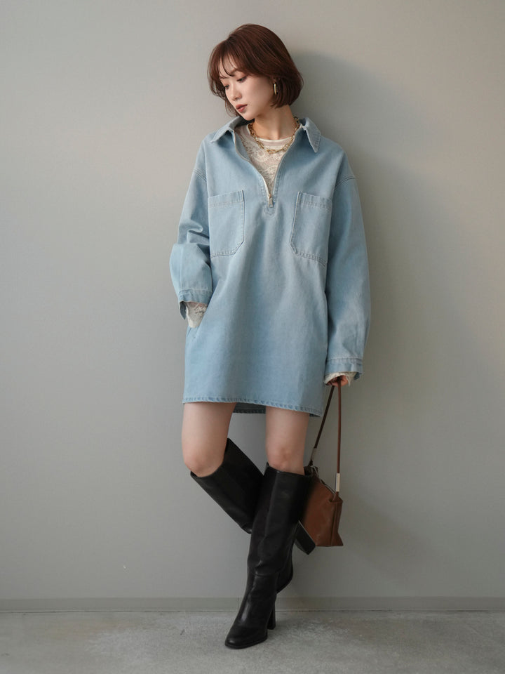 [SET]ハーフジップデニムミニワンピース+チュールレーストップス(2set)