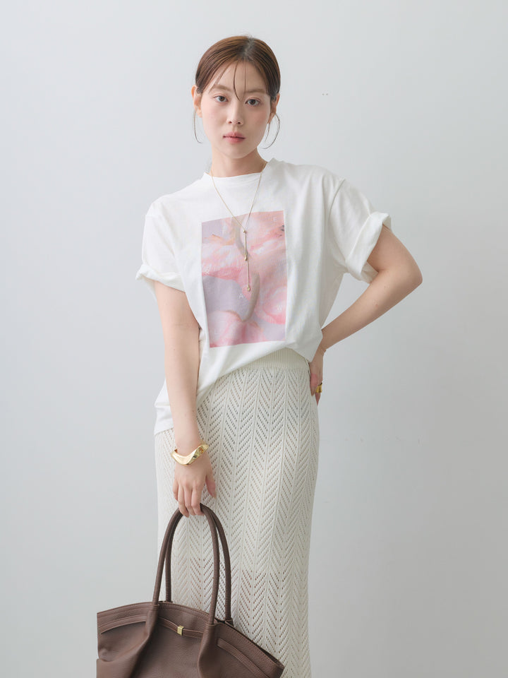 [SET]ニュアンスフローラルフォトTEE+クロシェシアーセミフレアスカート(2set)