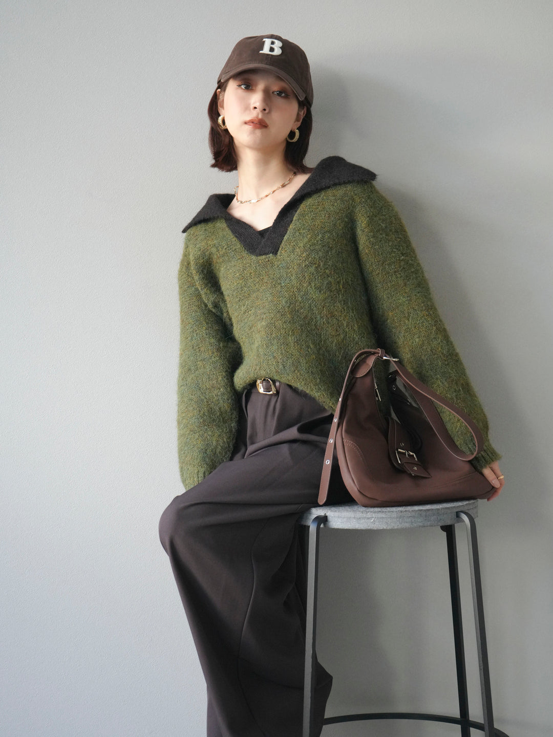 [SET]バイカラー襟付きニットプルオーバー+ベルトループデザインワイドパンツ(2set)