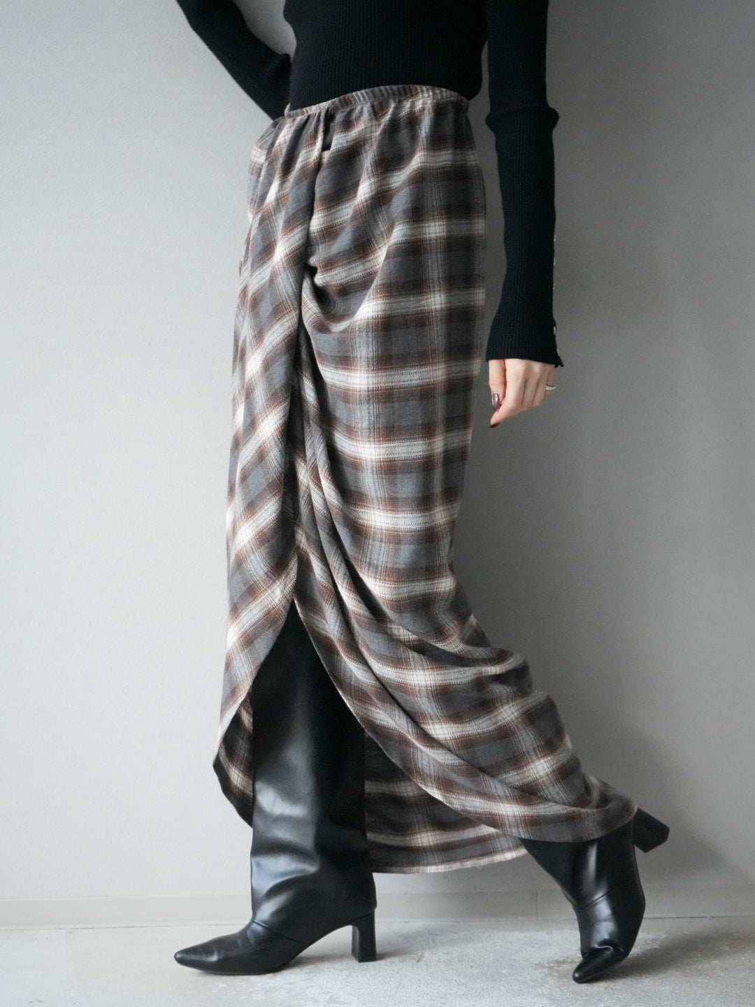 [予約]タックデザインチェックスカート/ブラウン