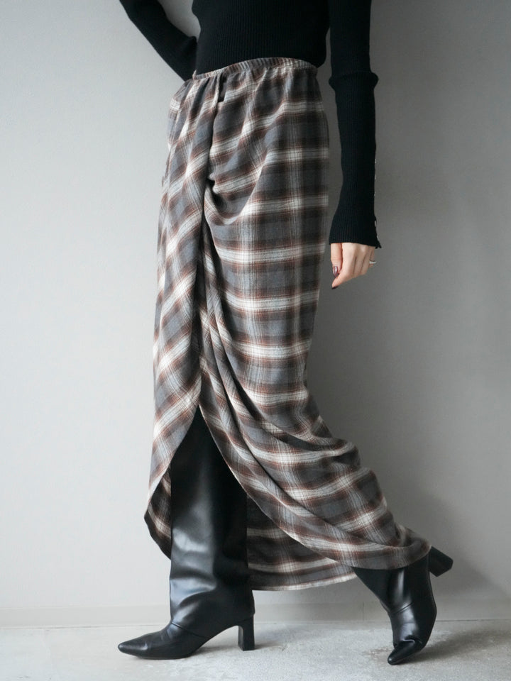 [予約]タックデザインチェックスカート/ブラウン