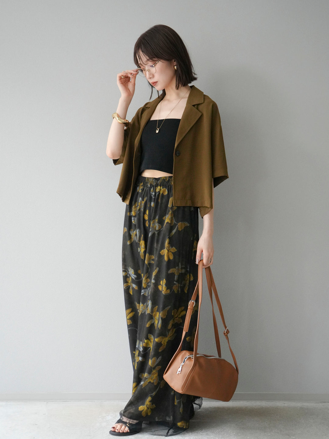 [SET]ハーフショートジャケット+フラワープリントチュールレイヤードパンツ(2set)