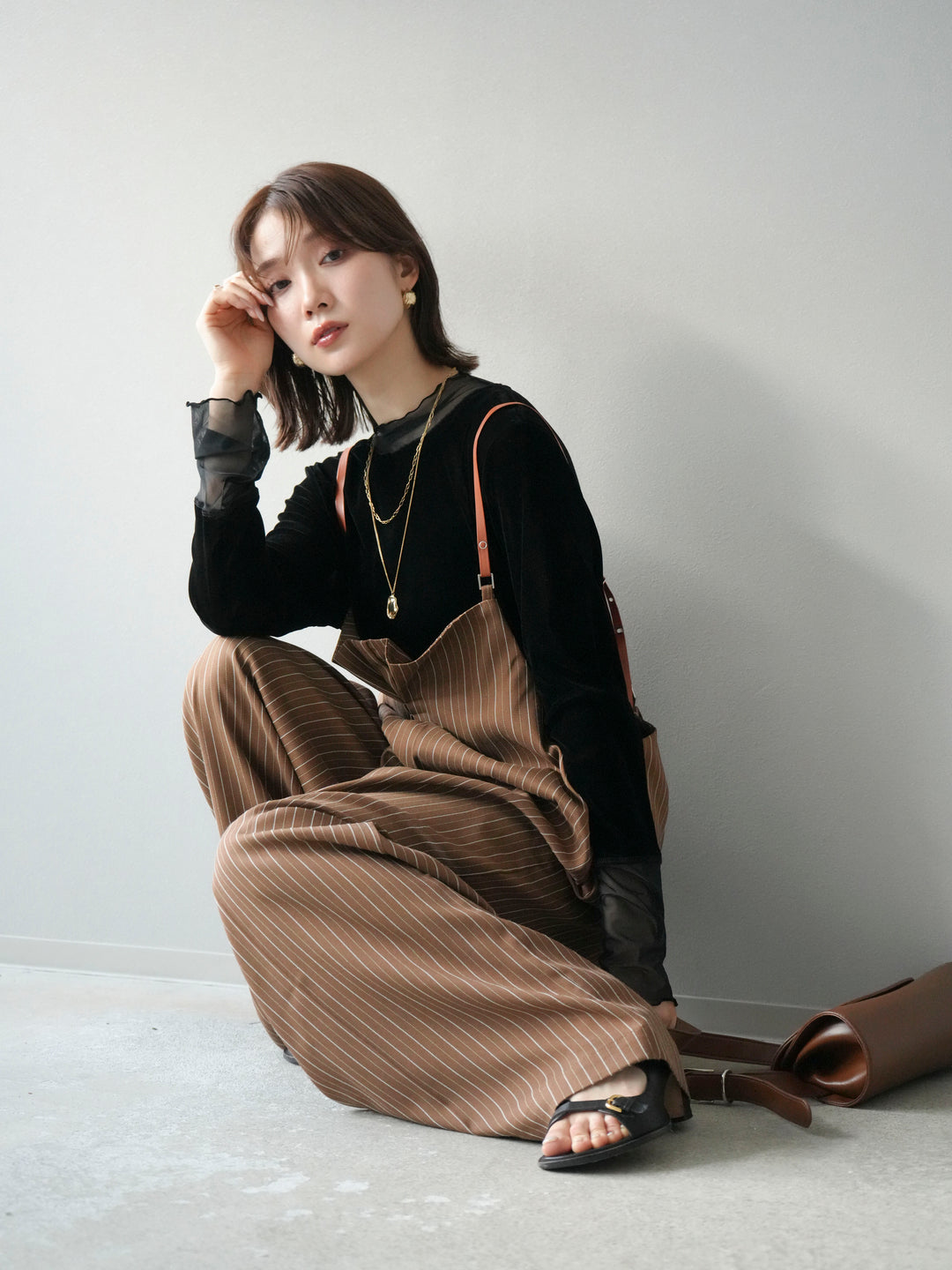 【着回しセット】[SET]ヘリンボーンストライプジレ+シアー切替ベロアトップス+ヘリンボーンストライプサロペット(3set)