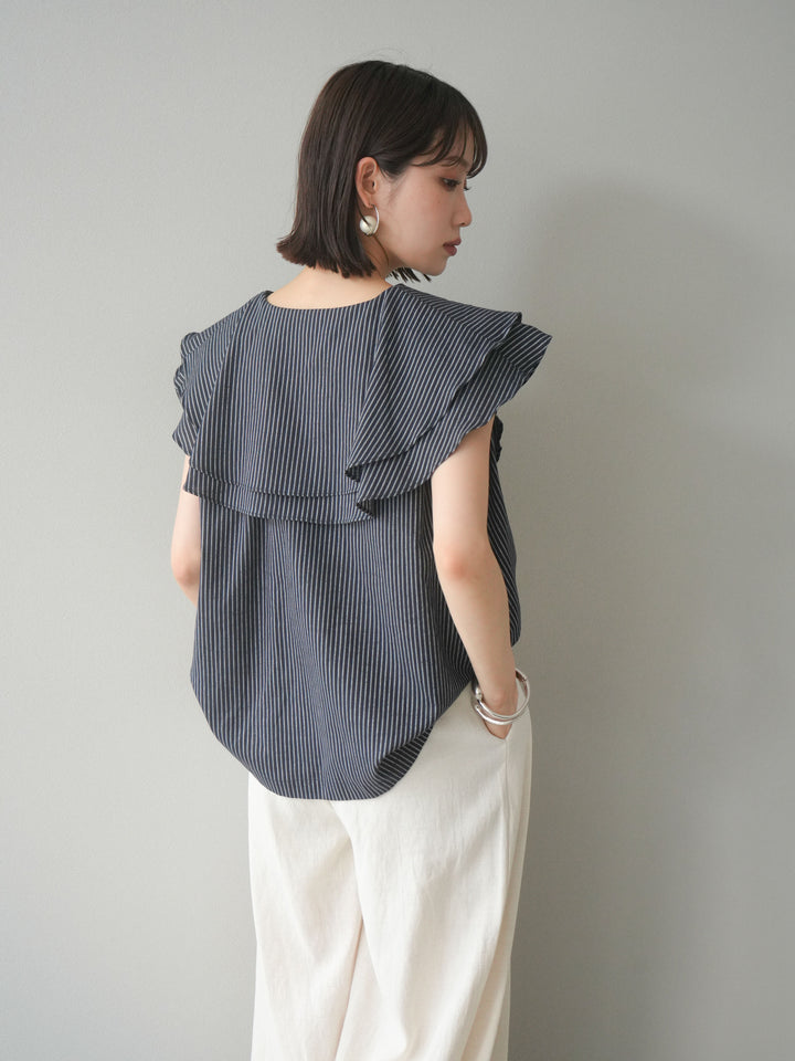 [予約]リネンライクストライプラッフルブラウス/ネイビー