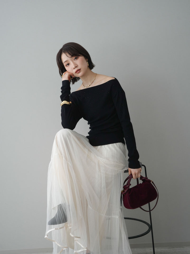 [予約]ラインストーンアシンメトリーニットトップス/black