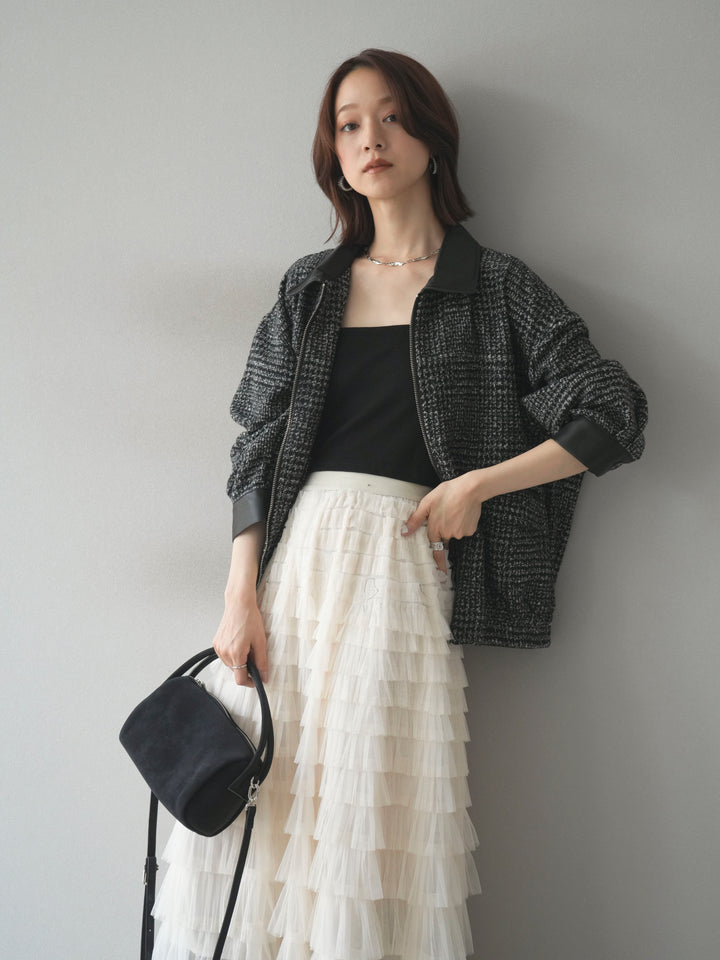 [予約]レザー襟ミックスツイードジャケット/black