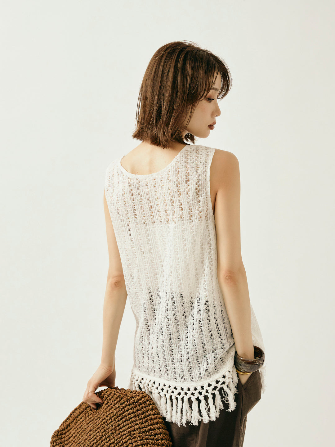 [予約]フリンジ透かし編みニットベスト/ホワイト