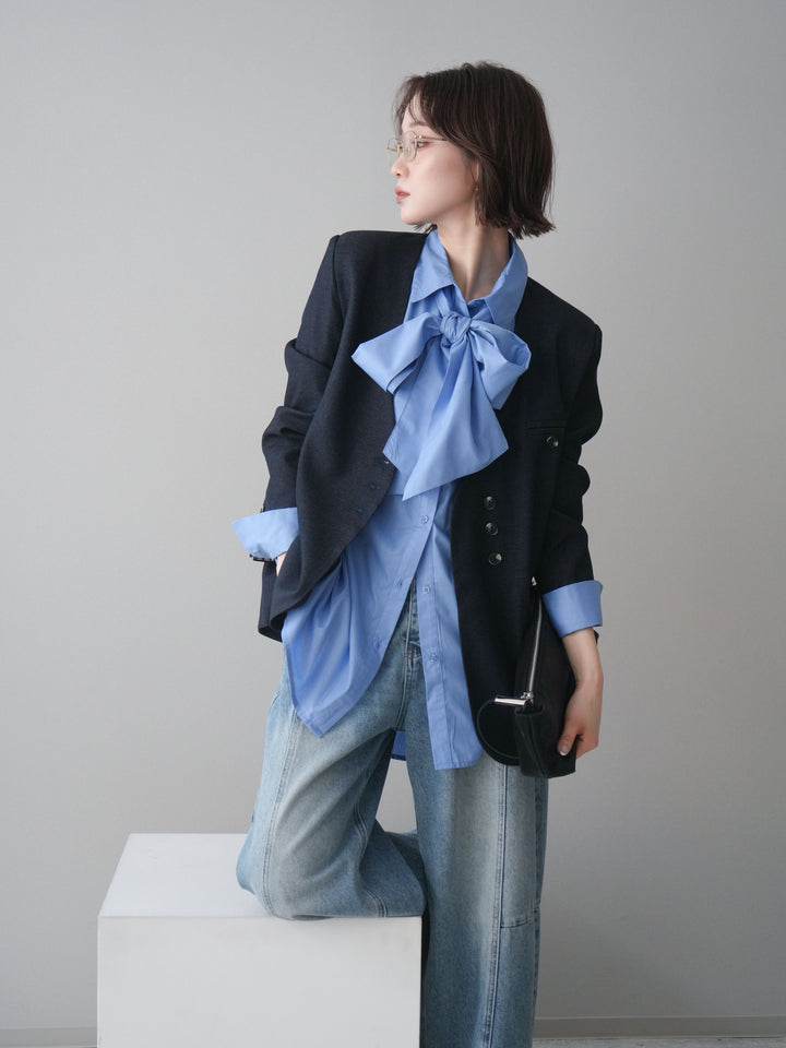 [SET]ノーカラージャケット+ボウタイ付オーバーシャツ(2set)